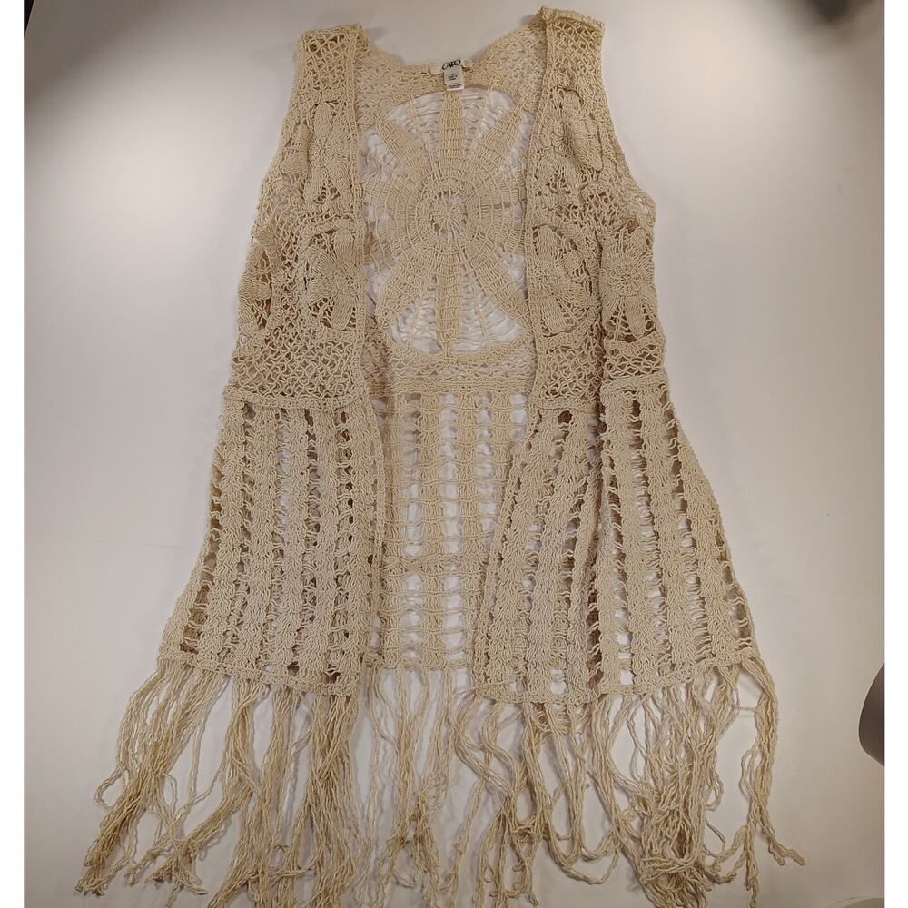 Boho Festival Cato Sz Md Cream Crochet Medallion Flower Fringe Vest Hippie Vibe - Picture 3 of 11